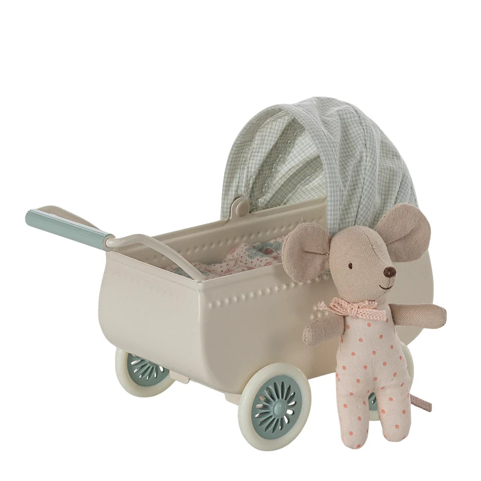 Maileg, Pram with Baby Mouse, Mint