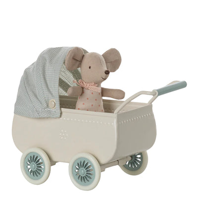 Maileg, Pram with Baby Mouse, Mint