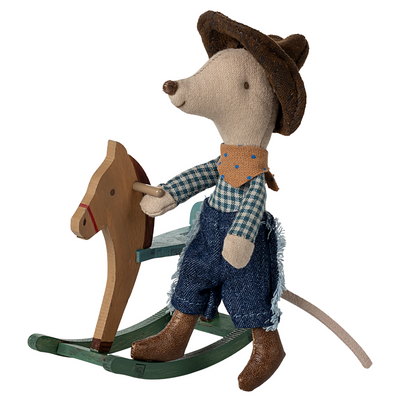 Maileg Cowboy Mouse on Rocking Horse.