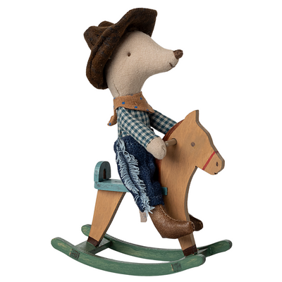 Maileg Cowboy Mouse on Rocking Horse.
