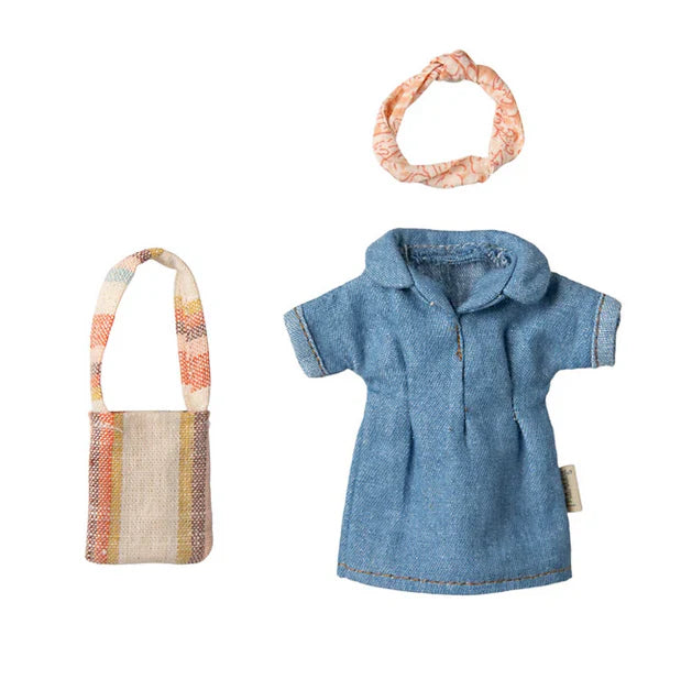 Maileg, Denim Dress and Bag, Mum Mouse